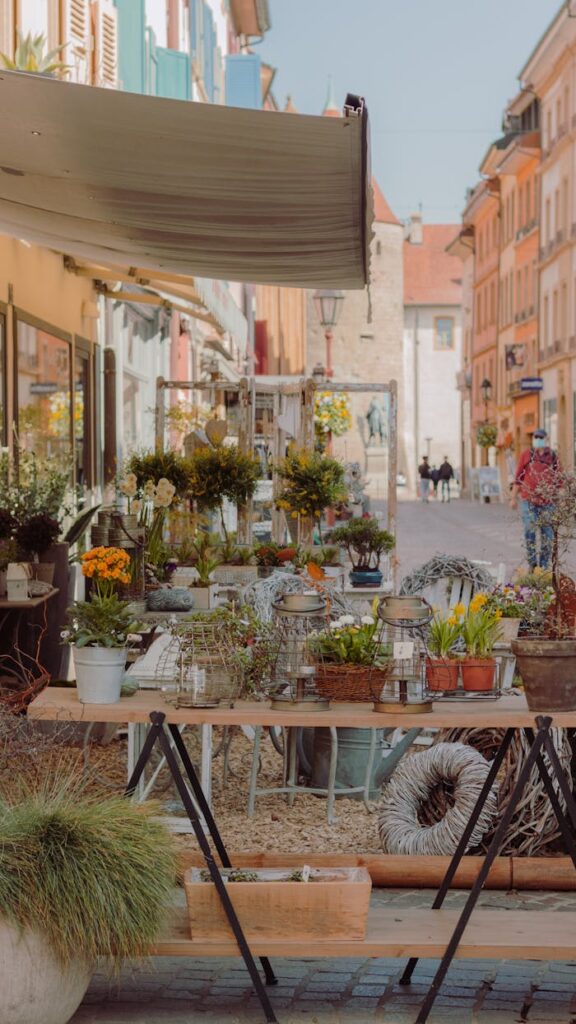 Explore a vibrant street market filled with potted plants and flowers, offering a quaint shopping experience.